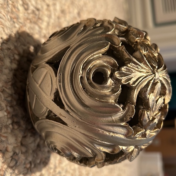 Decorative silver (with gold tinge) metal ball (approx 4.5 inches tall) - Picture 4 of 5
